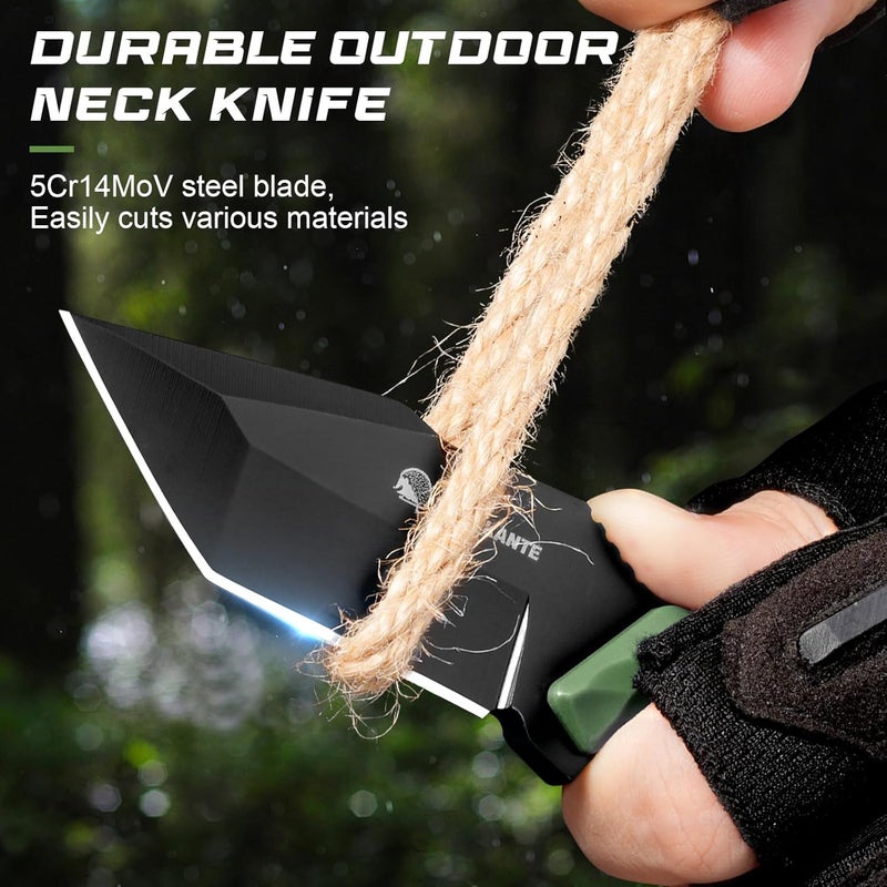 SPITZKANTE Neck Knife with Sheath and Necklace X-TAN-K, Full Tang Tanto Knife with 5Cr14MoV Steel Blade and Green ABS Handle, Horizontal Carry Knives - Image 2